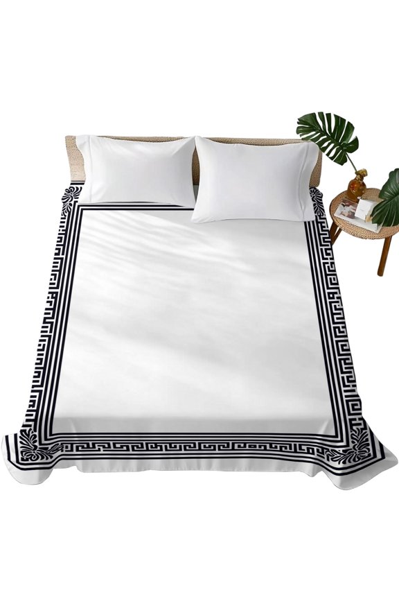 Queen Flat Sheet White Key Design Flat Sheets Only Soft Breathable Microfiber Bedding Top Sheets Luxury Hotel Quality Geometric Back Print Queen Bed Sheet for All Season Bedroom Dorm Home Decor