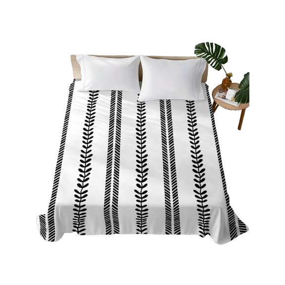 Queen Flat Sheet White Leafy Vertical Lines Flat Sheets Only Soft Breathable Microfiber Bedding Top Sheets Luxury Hotel Quality Leaves Branches Stripes Queen Bed Sheet for All Season Bedroom Dorm