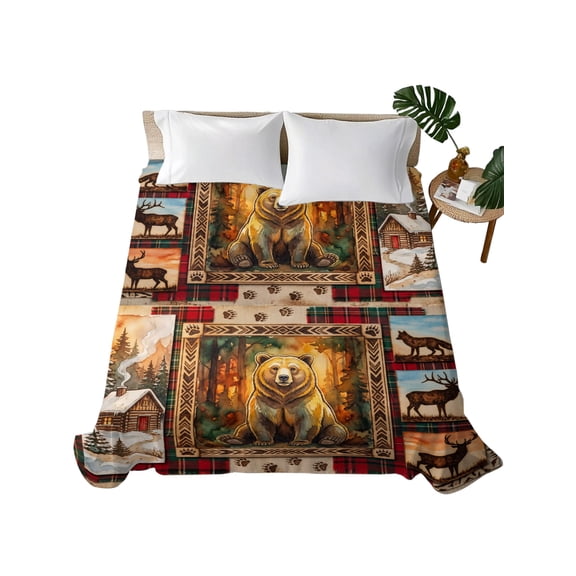Queen Flat Sheet Wolf Deer Bear Flat Sheets Only Soft Breathable Microfiber Bedding Top Sheets Luxury Hotel Quality Wild Animals Woodland Queen Bed Sheet for All Season Bedroom Dorm Home Decor