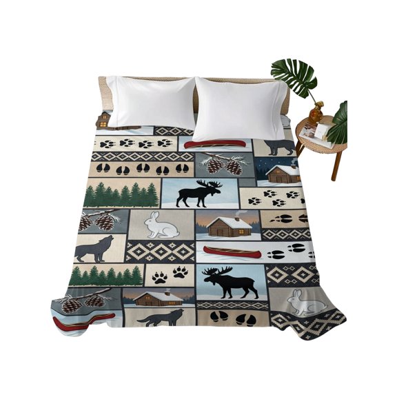 Queen Flat Sheet Wolf Rabbit Flat Sheets Only Soft Breathable Microfiber Bedding Top Sheets Luxury Hotel Quality Wild Animals Tree Pine Forest Queen Bed Sheet for All Season Bedroom Dorm Home Decor