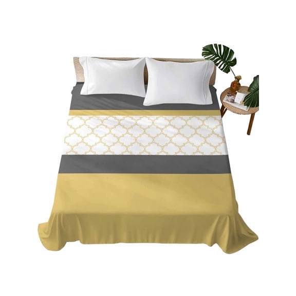 Queen Flat Sheet Yellow Gray Geometric Flat Sheets Only Soft Breathable Microfiber Bedding Top Sheets Luxury Hotel Quality Stitching Morocco Pattern Queen Bed Sheet for All Season Bedroom Dorm