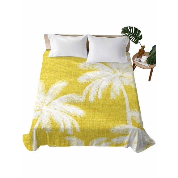 Queen Flat Sheet, Yellow Palm Tree Queen Bed Sheets Only, Soft Microfiber Flat Sheet, Summer Botancial Tropical Farmhouse Hotel Quality Bedding Top Sheet Bedroom Home Dorm Decor
