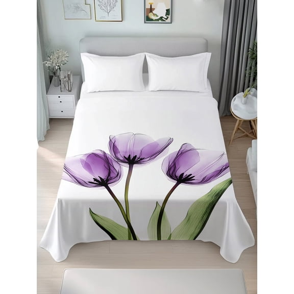 Queen Flat Sheets 1-Piece Bed Top Sheet Only,Blossom Purple Tulip Flower Soft Microfiber Breathable Flat Sheet,Spring Floral Leaves on White Luxury Hotel Quality Bedding Top Sheet