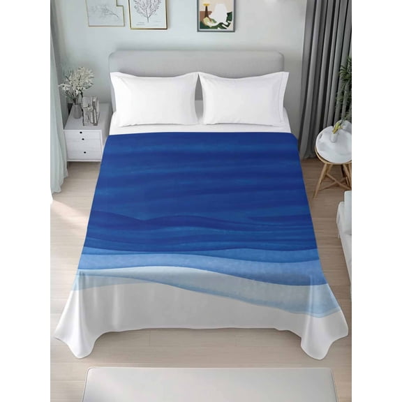 Queen Flat Sheets 1-Piece Bed Top Sheet Only,Blue Gradient Ripple Shadow Soft Microfiber Breathable Flat Sheet,Ombre Abstract Geometric Luxury Hotel Quality Bedding Top Sheet