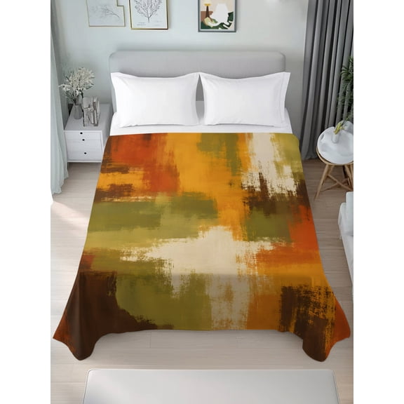Queen Flat Sheets 1-Piece Bed Top Sheet Only,Burnt Orange Green Color Block Soft Microfiber Breathable Flat Sheet,Abstract Geometric Art Luxury Hotel Quality Bedding Top Sheet