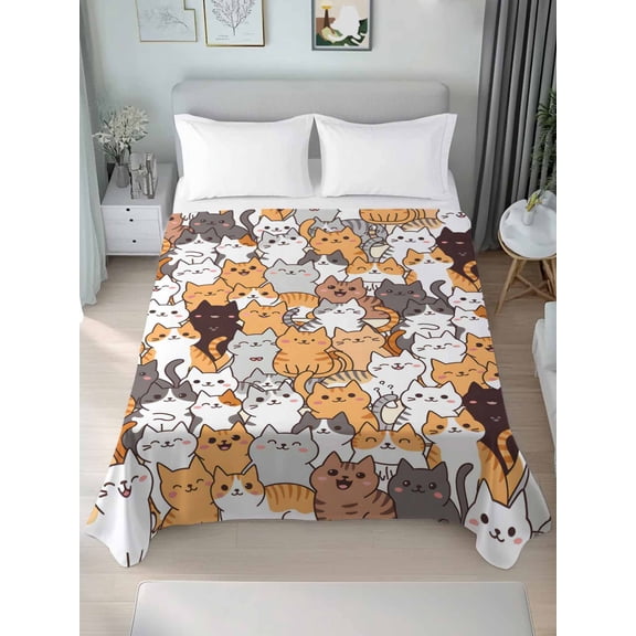 Queen Flat Sheets 1-Piece Bed Top Sheet Only,Cartoon Cute Kitty Soft Microfiber Breathable Flat Sheet,Modern Funny Pet Cat Luxury Hotel Quality Bedding Top Sheet
