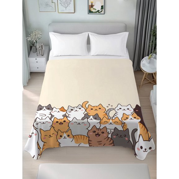 Queen Flat Sheets 1-Piece Bed Top Sheet Only,Cartoon Pet Cat Soft Microfiber Breathable Flat Sheet,Funny Cute Kitty Luxury Hotel Quality Bedding Top Sheet