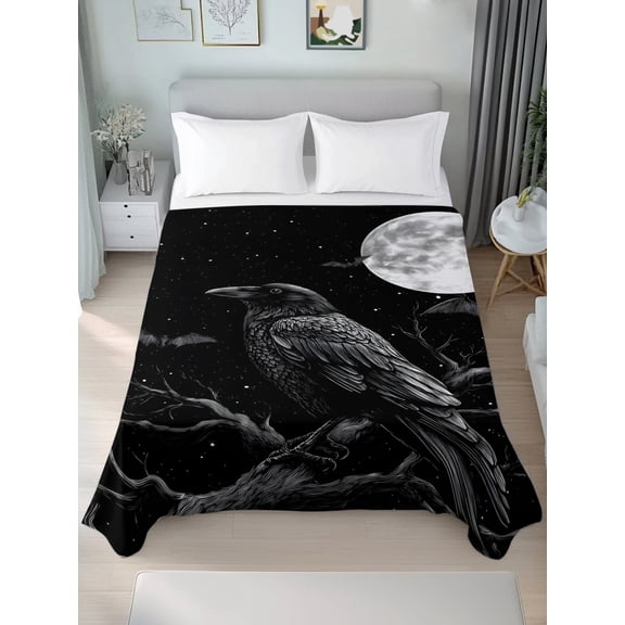 Queen Flat Sheets 1-Piece Bed Top Sheet Only,Halloween Horror Crow Bat Black Soft Microfiber Breathable Flat Sheet,Bare Tree Moon Night Luxury Hotel Quality Bedding Top Sheet
