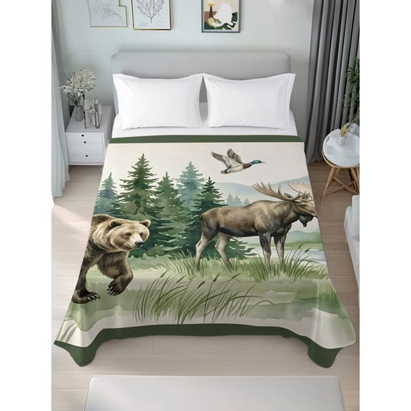 Queen Flat Sheets 1-Piece Bed Top Sheet Only,Retro Bear Moose Soft Microfiber Breathable Flat Sheet,Green Pine Trees Luxury Hotel Quality Bedding Top Sheet