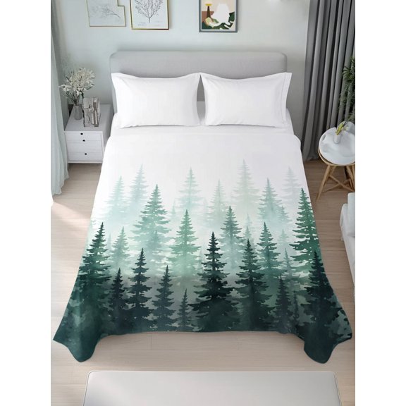Queen Flat Sheets 1-Piece Bed Top Sheet Only,Watercolor Pine Trees Forest Soft Microfiber Breathable Flat Sheet,Evergreen Tree Landscape Luxury Hotel Quality Bedding Top Sheet