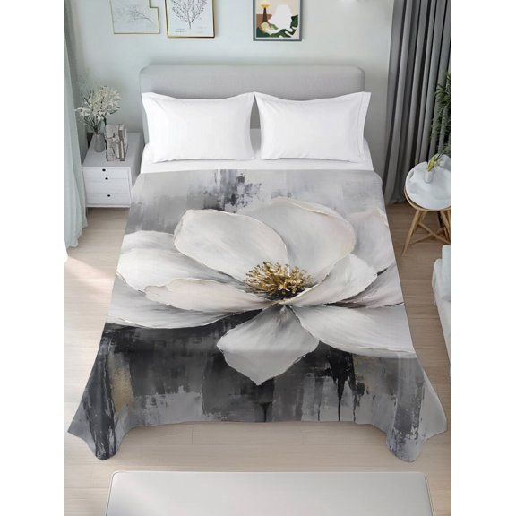 Queen Flat Sheets 1-Piece Bed Top Sheet Only,White Flowers on Black Gray Background Soft Microfiber Breathable Flat Sheet,Country Floral Art Luxury Hotel Quality Bedding Top Sheet