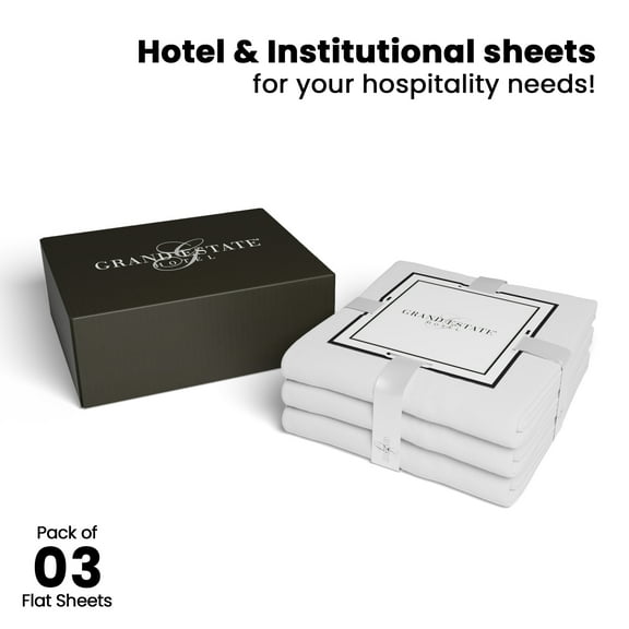 Queen Flat Sheets Bulk Pack- 3 Pcs Cotton Rich White Sheets for Hotels, Spa, Salon, Hospitals, Dorms, Air Bnb by Grand Estate Hotel