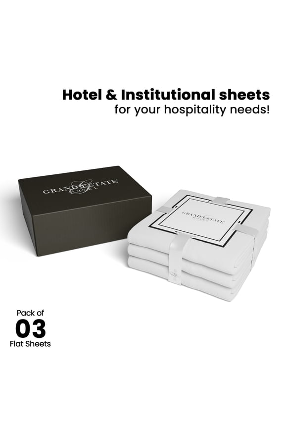 Queen Flat Sheets Bulk Pack- 3 Pcs Cotton Rich White Sheets for Hotels, Spa, Salon, Hospitals, Dorms, Air Bnb by Grand Estate Hotel