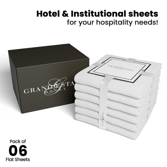Queen Flat Sheets Bulk Pack- 6 Pcs Cotton Rich White Sheets for Hotels, Spa, Salon, Hospitals, Dorms, Air Bnb by Grand Estate Hotel