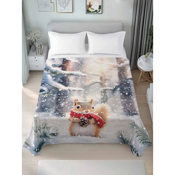 Queen Flat Sheet Only Christmas Squirrel with Red Scarf Soft Microfiber Cooling Bedding Sheets Winter Forest Flat Bed Sheet for Hotel,Home Decor