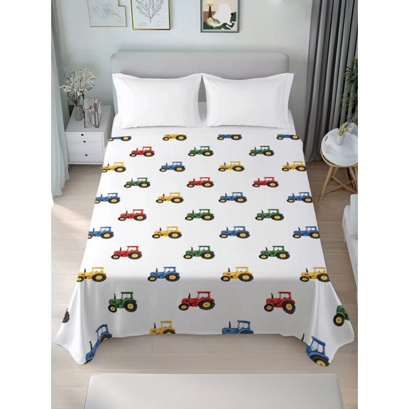 Queen Flat Sheet Only Colorful Truck Soft Microfiber Cooling Bedding Sheets Seamless Tractors Cartoon Style Flat Bed Sheet for Hotel,Home Decor