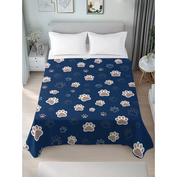 Queen Flat Sheet Only Cute Paw Print Soft Microfiber Cooling Bedding Sheets Sweet Pet Footprint Navy Blue Flat Bed Sheet for Hotel,Home Decor