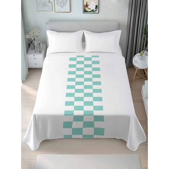 Queen Flat Sheet Only Farmhouse Buffalo Checker Soft Microfiber Cooling Bedding Sheets Teal and White Flat Bed Sheet