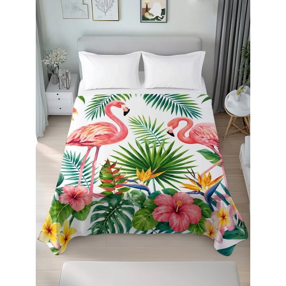 Queen Flat&nbsp;Sheet&nbsp;Only Flamingo Summer Island Leaves Soft&nbsp;Microfiber&nbsp;Cooling&nbsp;Bedding&nbsp;Sheets Tropical Pink Hibiscus Flat&nbsp;Bed&nbsp;Sheet