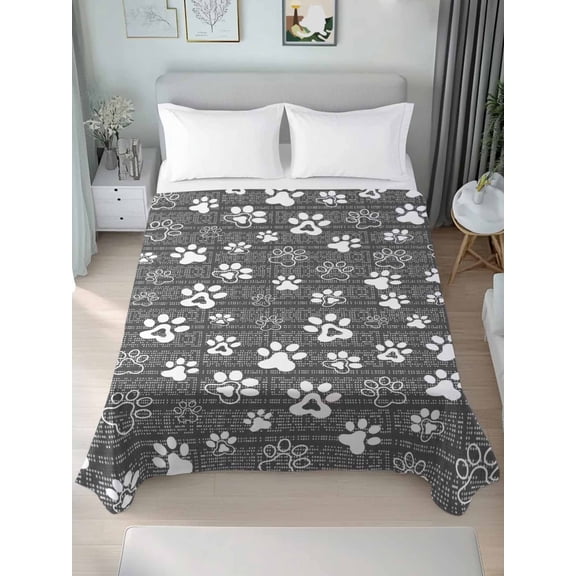 Queen Flat&nbsp;Sheet&nbsp;Only Gray White Dog Paw Cartoon Soft&nbsp;Microfiber&nbsp;Cooling&nbsp;Bedding&nbsp;Sheets Cute Paw Prints Seamless Flat&nbsp;Bed&nbsp;Sheet