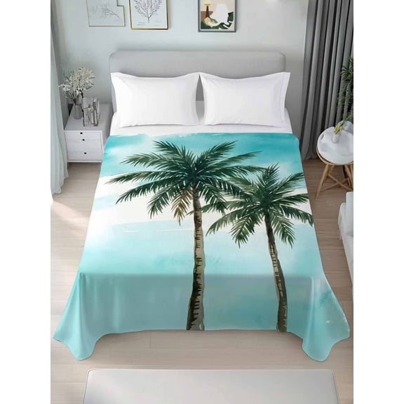 Queen Flat Sheet Only Minimalist Tropical Palm Trees Soft Microfiber Cooling Bedding Sheets Cyan Background Flat Bed Sheet