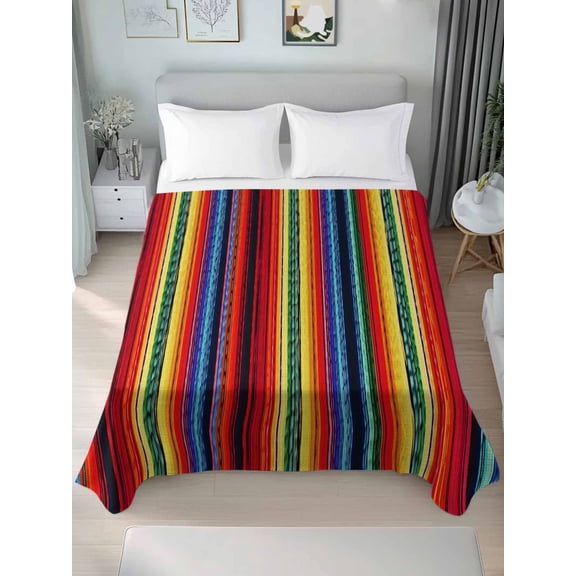 Queen Flat Sheet Only Modern Colorful Mexican Stripe Soft Microfiber Cooling Bedding Sheets Boho Gradient Rainbow Line Flat Bed Sheet