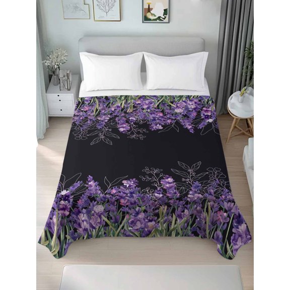 Queen Flat Sheet Only Spring Purple Lavender Flower Soft Microfiber Cooling Bedding Sheets Watercolor Floral on Black Flat Bed Sheet