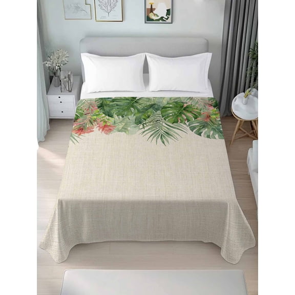 Queen Flat Sheet Only Watercolor Monstera Leaves Plant Soft Microfiber Cooling Bedding Sheets Tropical Leaf on Burlap Flat Bed Sheet
