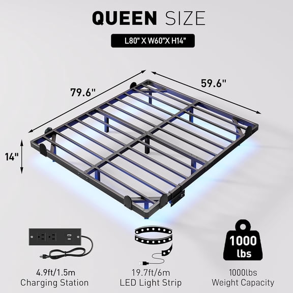Queen Floating Bed Frame,14" Metal Platform Bed|Smart LED Lighting,Integrated Charging Station|Easy Setup|Box Spring Free,Durable Construction
