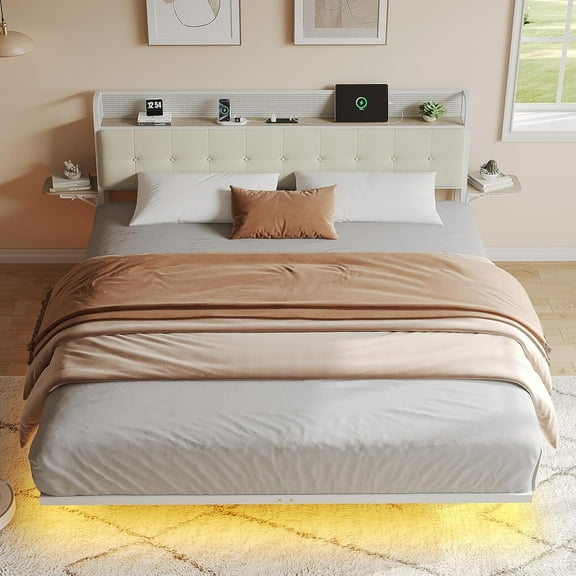Queen Floating Bed Frame with LED & Charging Station, Ergonomic Upholstered Headboard with Folding Shelves Storage, Metal Slats Support, No Box Spring Needed, Easy Assembly, Noise-Free, White