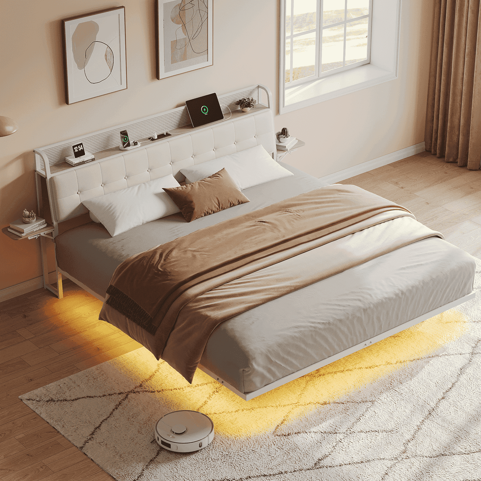 Vefuriz Queen Floating Bed Frame with LED Lighting, Charging Ports, Upholstered Headboard, White
