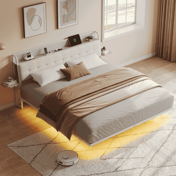 Vefuriz Queen Floating Bed Frame with LED Lighting, Charging Ports, Upholstered Headboard, White