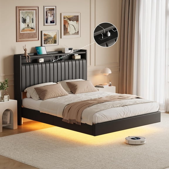 Queen Floating Bed Frame with LED Lights & Charging Station, Upholstered Platform, Storage Headboard, Black, No Box Spring