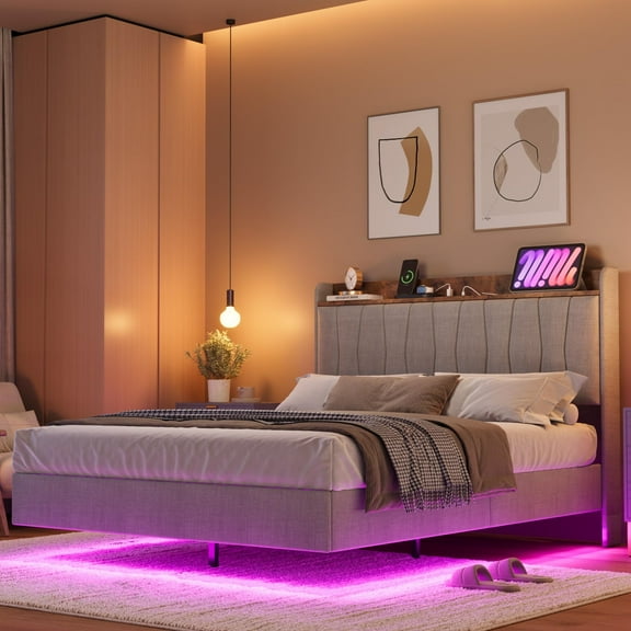 Queen Floating Bed Frame with LED Lights & USB Charging, Modern Upholstered Platform Bed, Headboard, Solid Wood Slats, No Box Spring,Gray