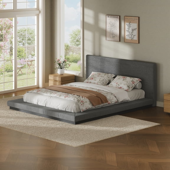 Queen Floating Upholstered Bed Frame with Padded Surround, 80" L, Gray