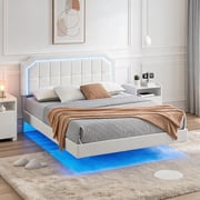 Queen Floating Platform Bed Frame with LED Headboard, RGB Lighting, Adjustable Upholstered Headboard, Heavy Duty Metal Frame, Under Bed Storage, No Box Spring Required