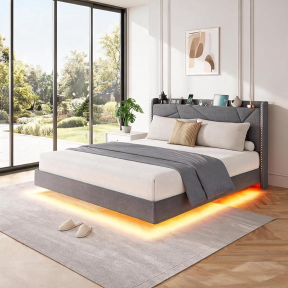 Queen Floating Upholstered Platform Bed, Storage Headboard with RGB LED Light, Built-in AC & USB Charging Ports, Noise-Free Wood Slats, Straightforward Assembly,Gray