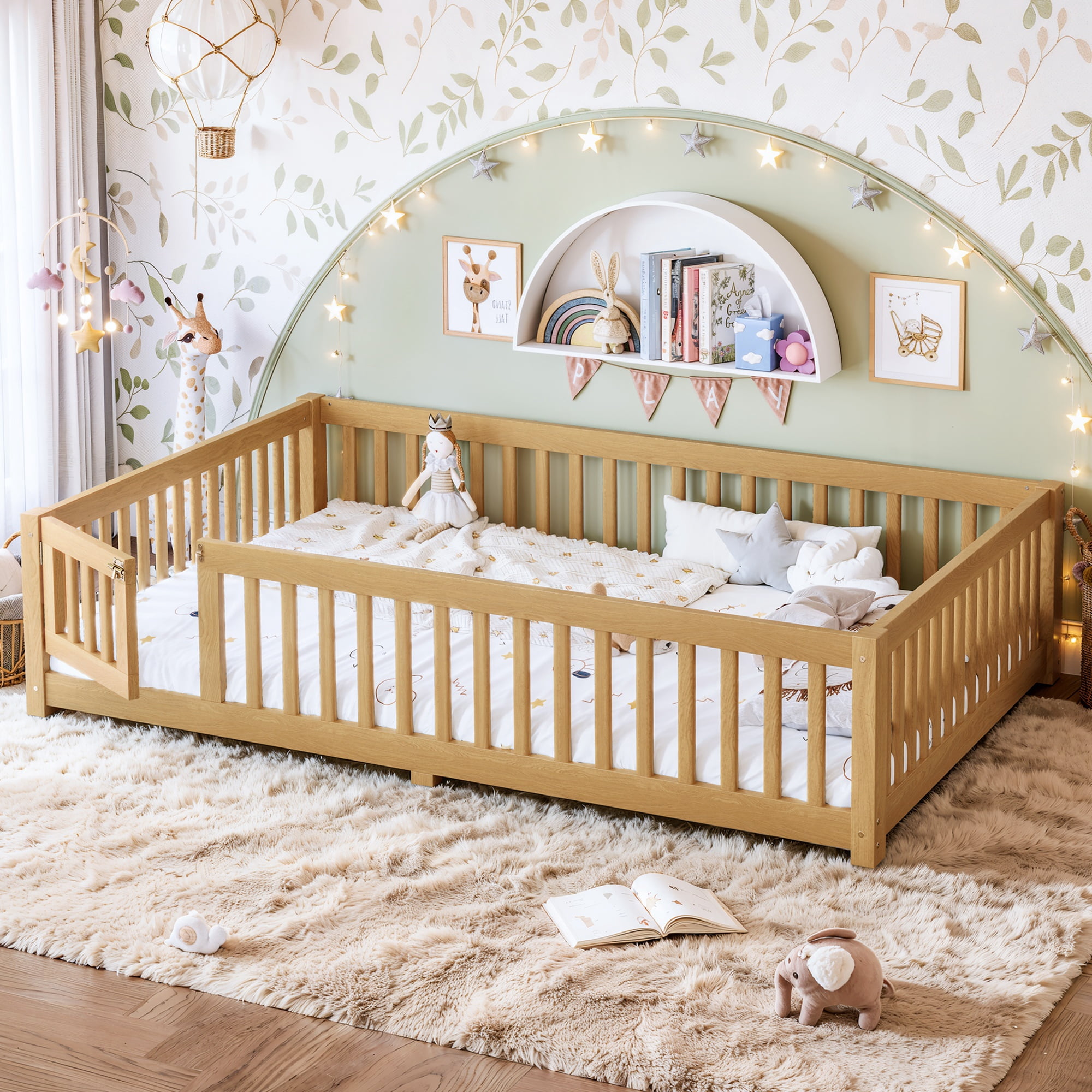 Queen Floor Bed 82.6 Inch, Solid Wood Bed Frame with Safety Guardrails and Door, Low Profile Montessori Bed for Kids Bedroom, Natural