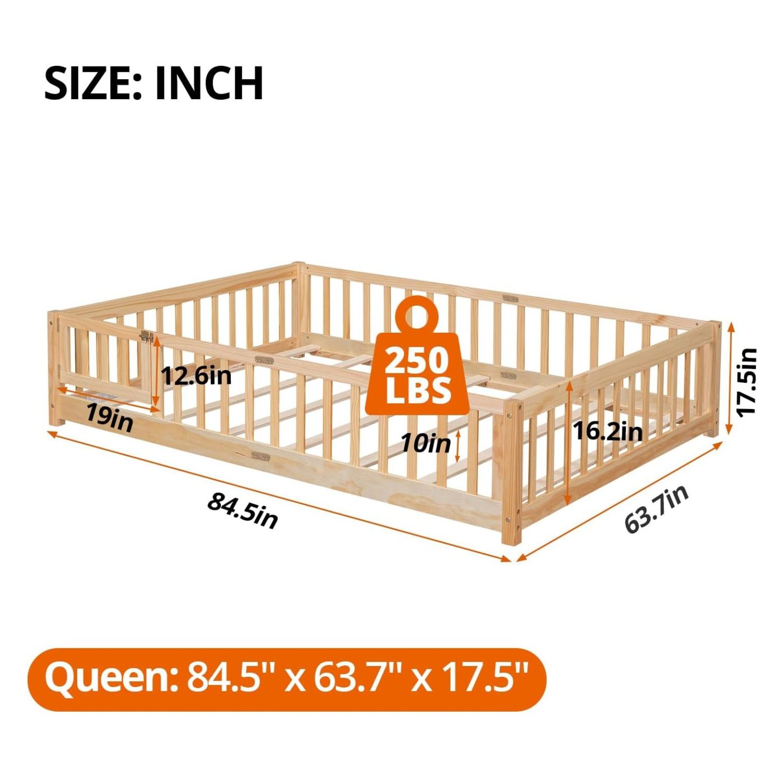 Queen Floor Bed for Children, Sturdy Wood Montessori Bed Frame with