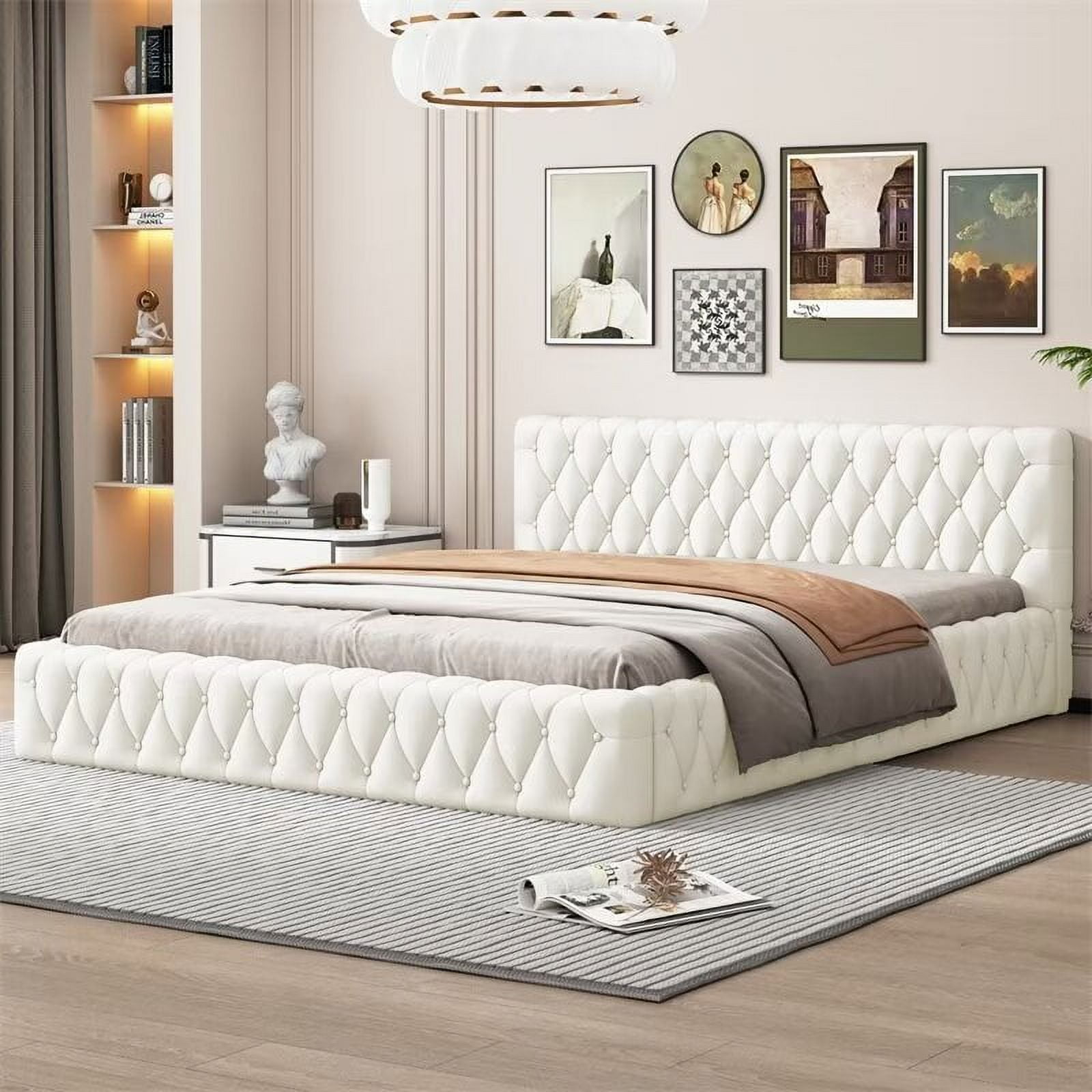 Queen Floor Bed Frame with Luxurious Diamond Grid Headboard, Velvet ...