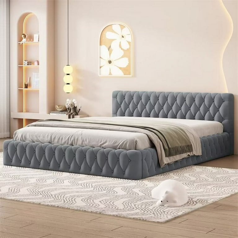 Queen Floor Bed Frame with Luxurious Diamond Grid Headboard Velvet Upholstered Platform Bed with Wood Slats Support Easy Assembly No Box Spring