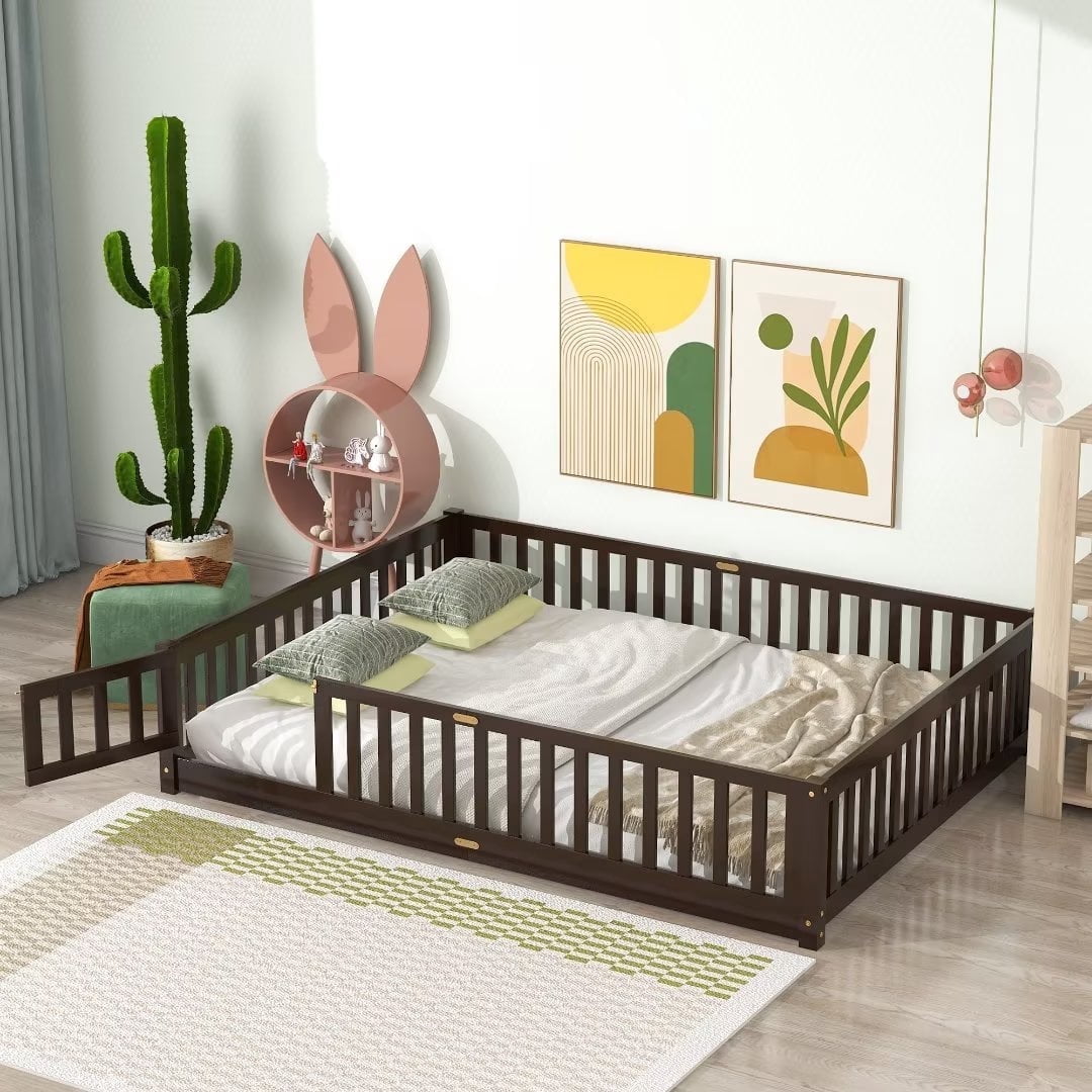 Queen Floor Bed Frame, Montessori Floor Bed with Fence and Wood Slats for Girls Boys, Espresso