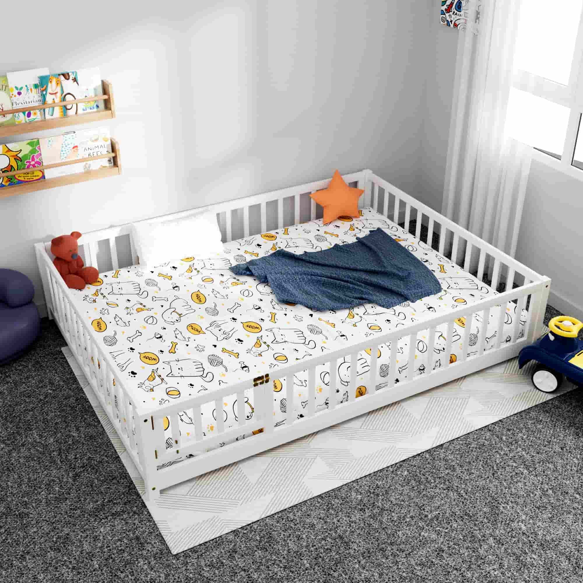 Queen Floor Bed Frame for Toddler, Montessori Floor Bed with Fence and Wood Slats for Girls Boys Kids Happy Time,White