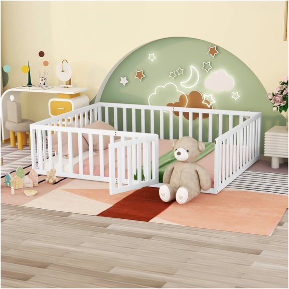 Queen Floor Bed Frame with Safety Gate, Low Profile Platform Bed No Box Spring Needed, Minimalist Modern Design, White Finish