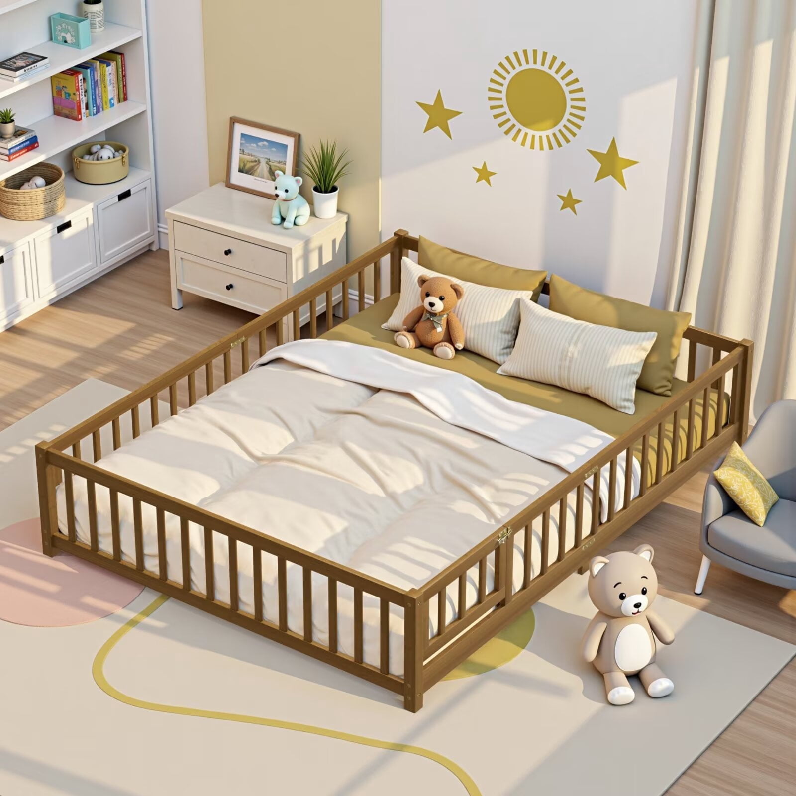 Queen Floor Bed Frame with Wood Slats, Fence & Small Door, Pinewood — free download