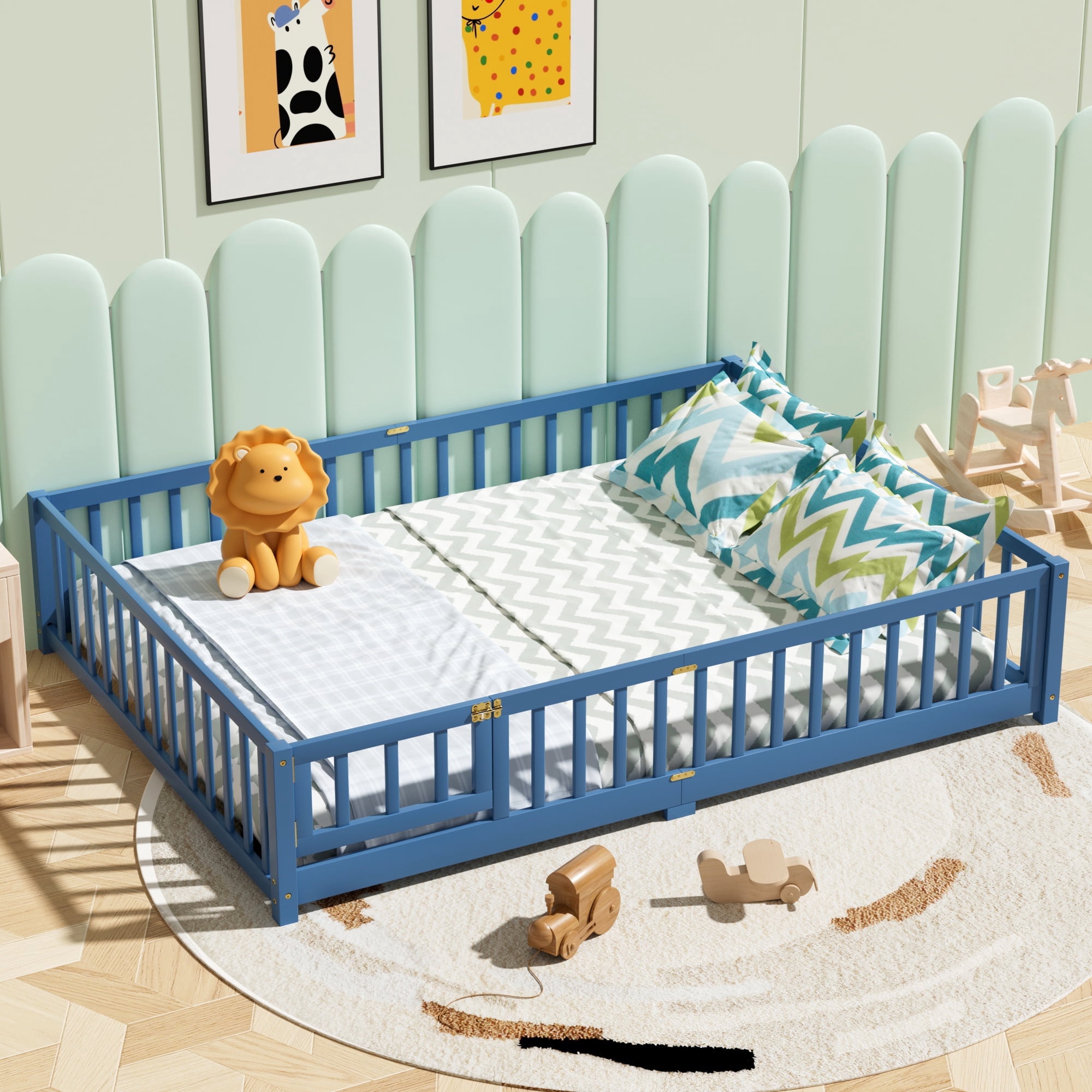 Queen Floor Bed Frame with Wood Slats, Fence & Small Door, Pinewood — free download