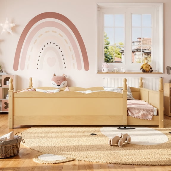Queen Floor Bed with Full-Length Guardrails, Montessori Low-Profile Platform Bed with Side Bookshelf, Solid Wood Frame, No Box Spring Needed for Bedroom Guest Room, Natural