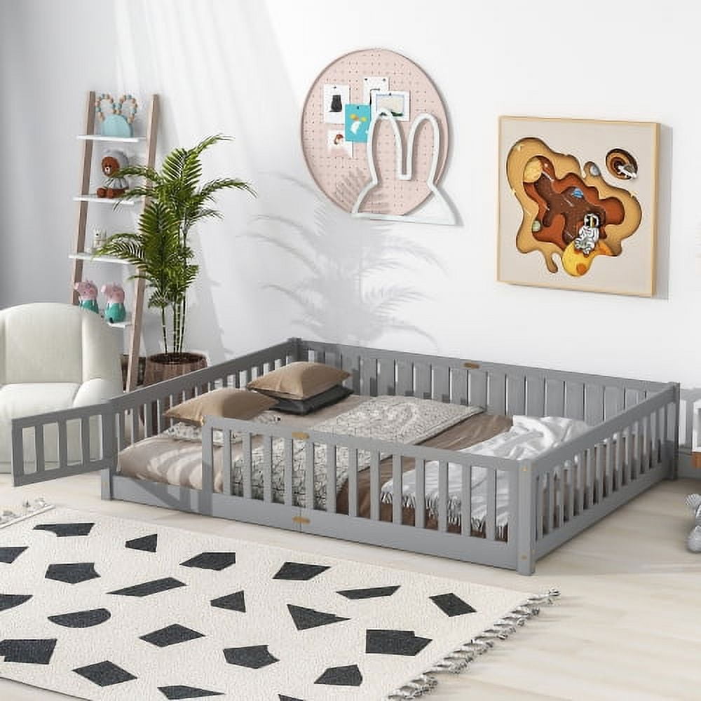 Queen Floor Bed for Kids, Montessori Bed Frame with FenceShaped Guardrails and Door, Wooden