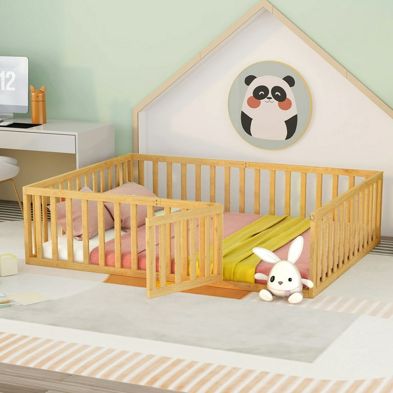 Queen Floor Bed for Kids Solid Wood Montessori Bed Frame with Door