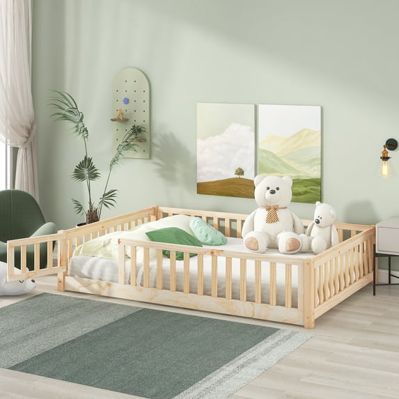 Queen Floor Bed for Kids, Sturdy Wood Montessori Bed Frame with Wood Slats, Fence & Door, Montessori Floor Bed for Girls and Boys, Natural (with Bed Slats)